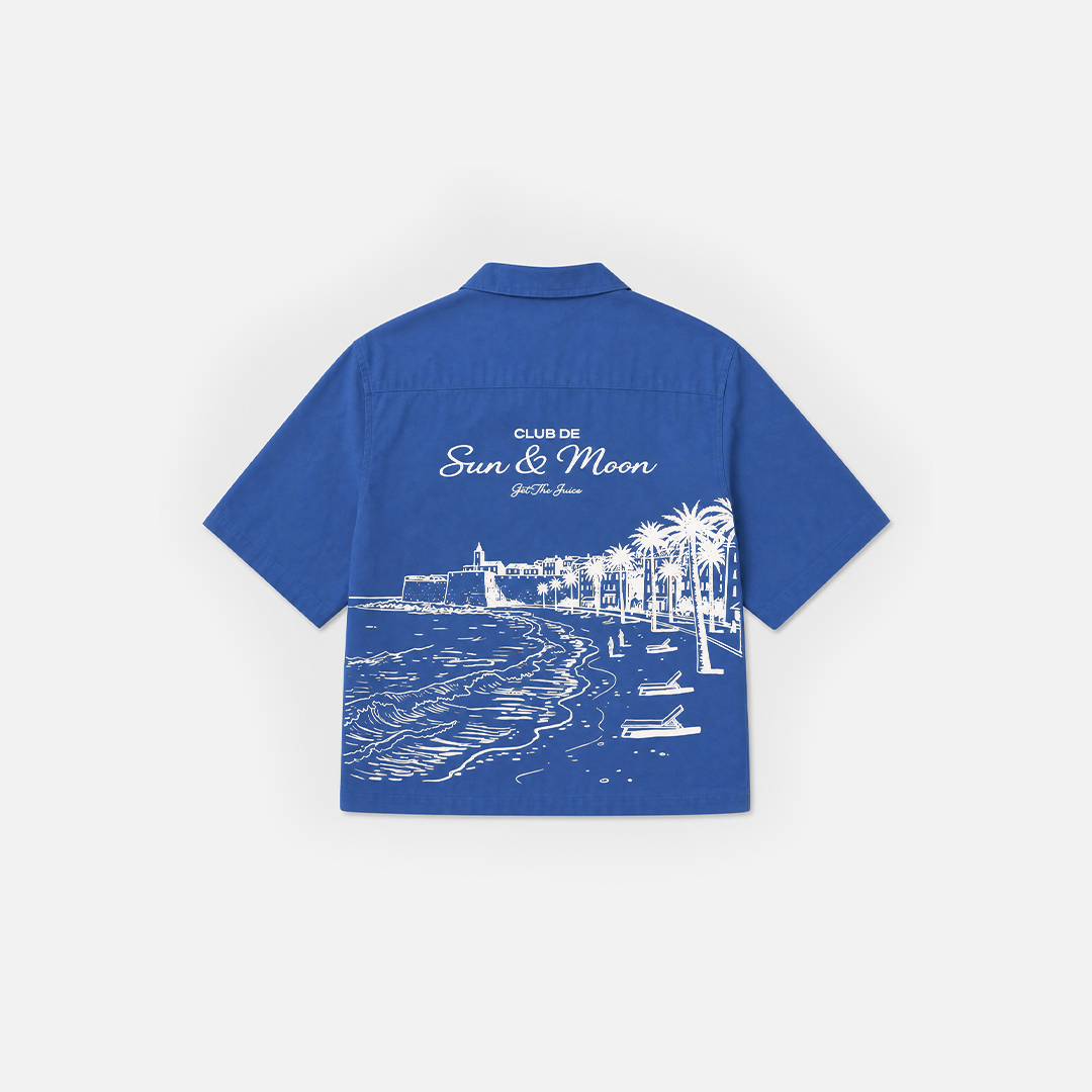 "Club De Sun & Moon" Embroidered Beach Shirt (Blue)