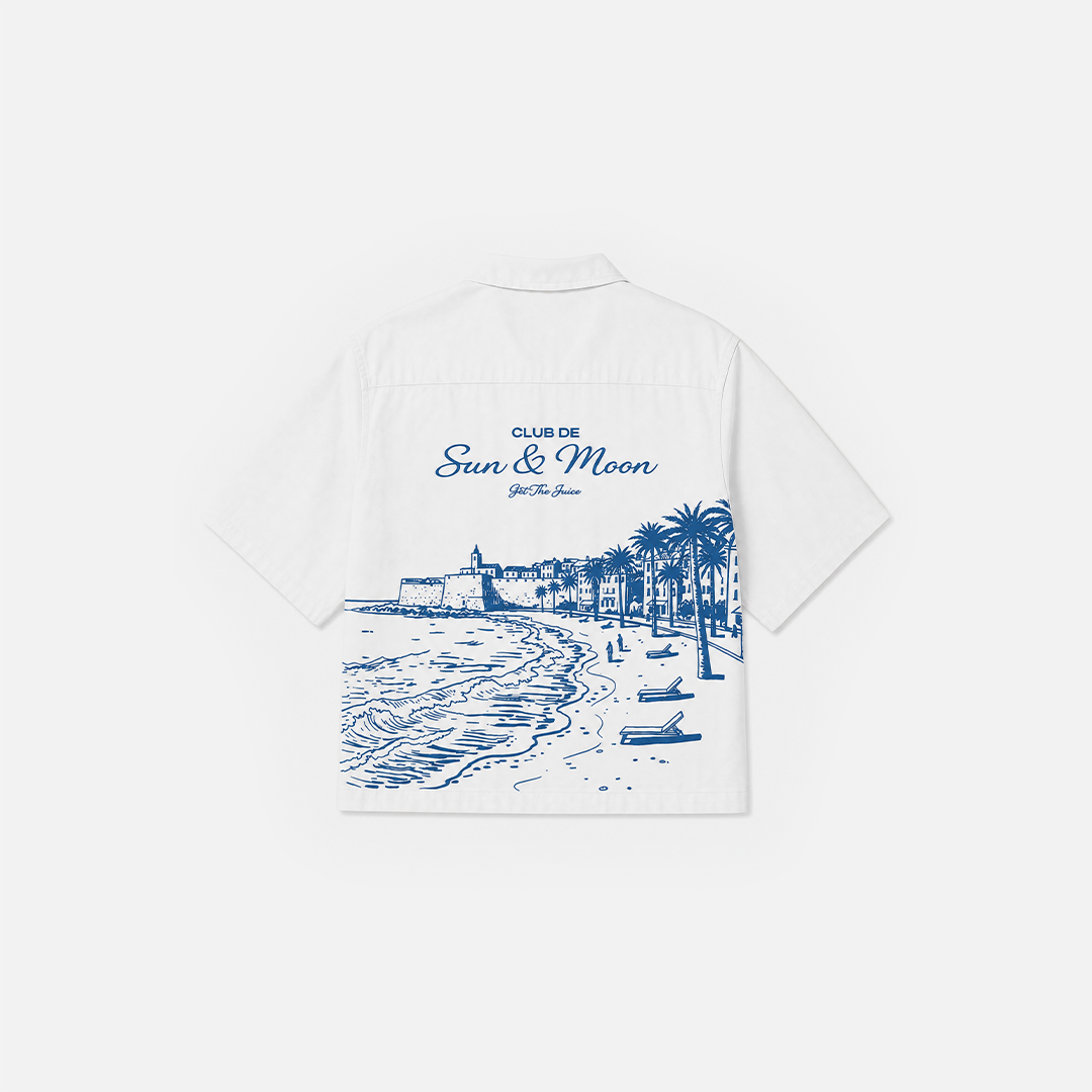"Club De Sun & Moon" Embroidered Beach Shirt (White)