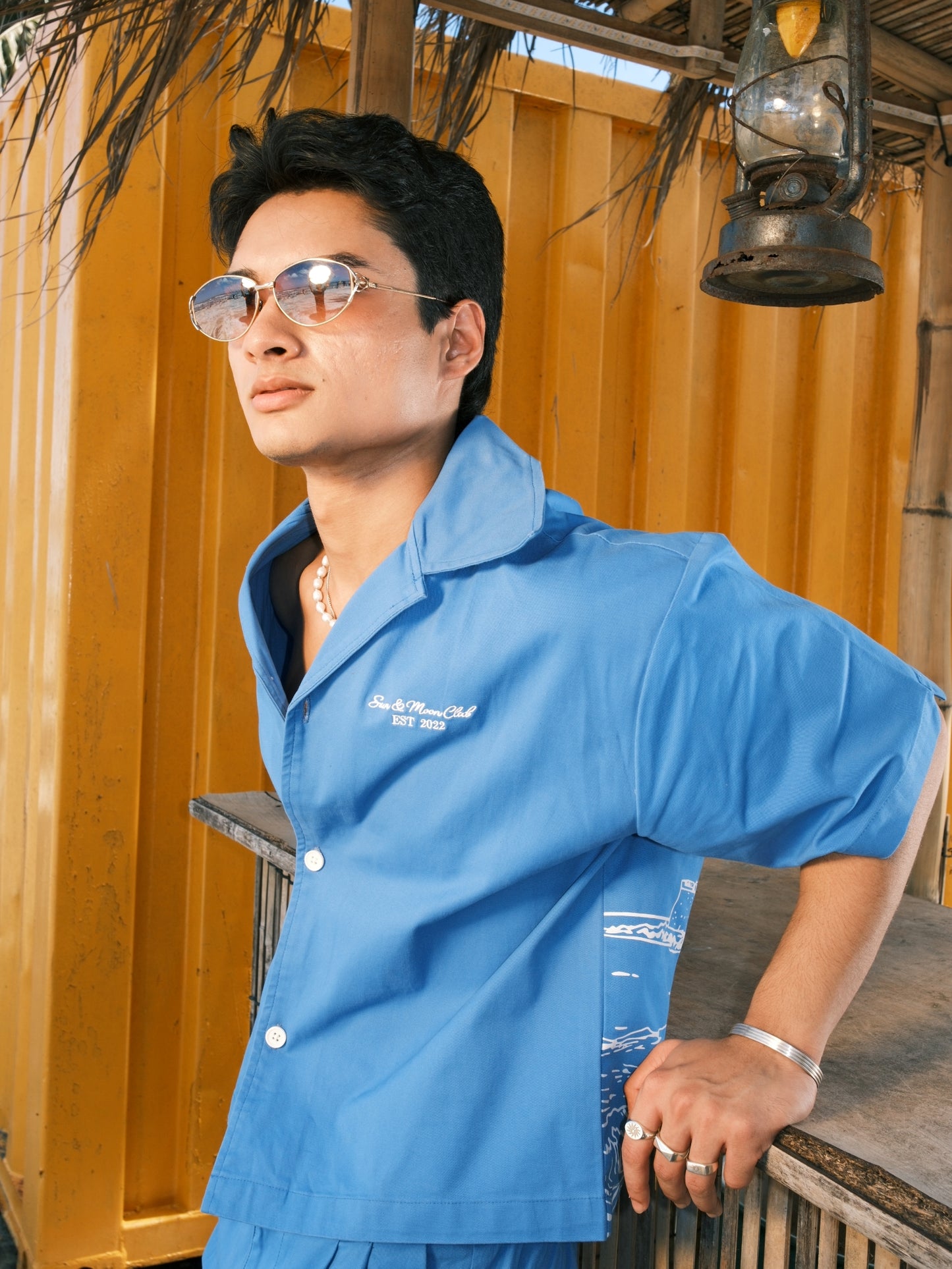 "Club De Sun & Moon" Embroidered Beach Shirt (Blue)