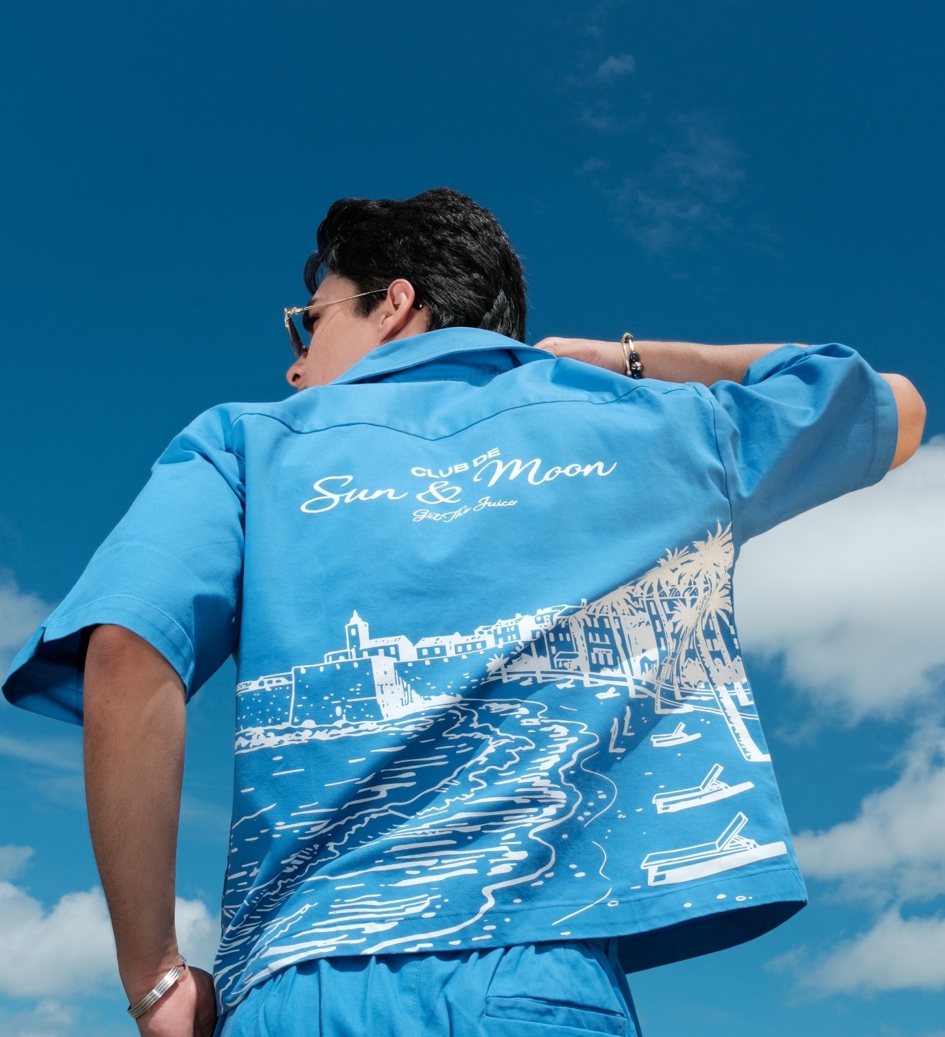 "Club De Sun & Moon" Embroidered Beach Shirt (Blue)