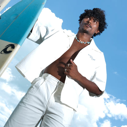 "Club De Sun & Moon" Embroidered Beach Shirt (White)