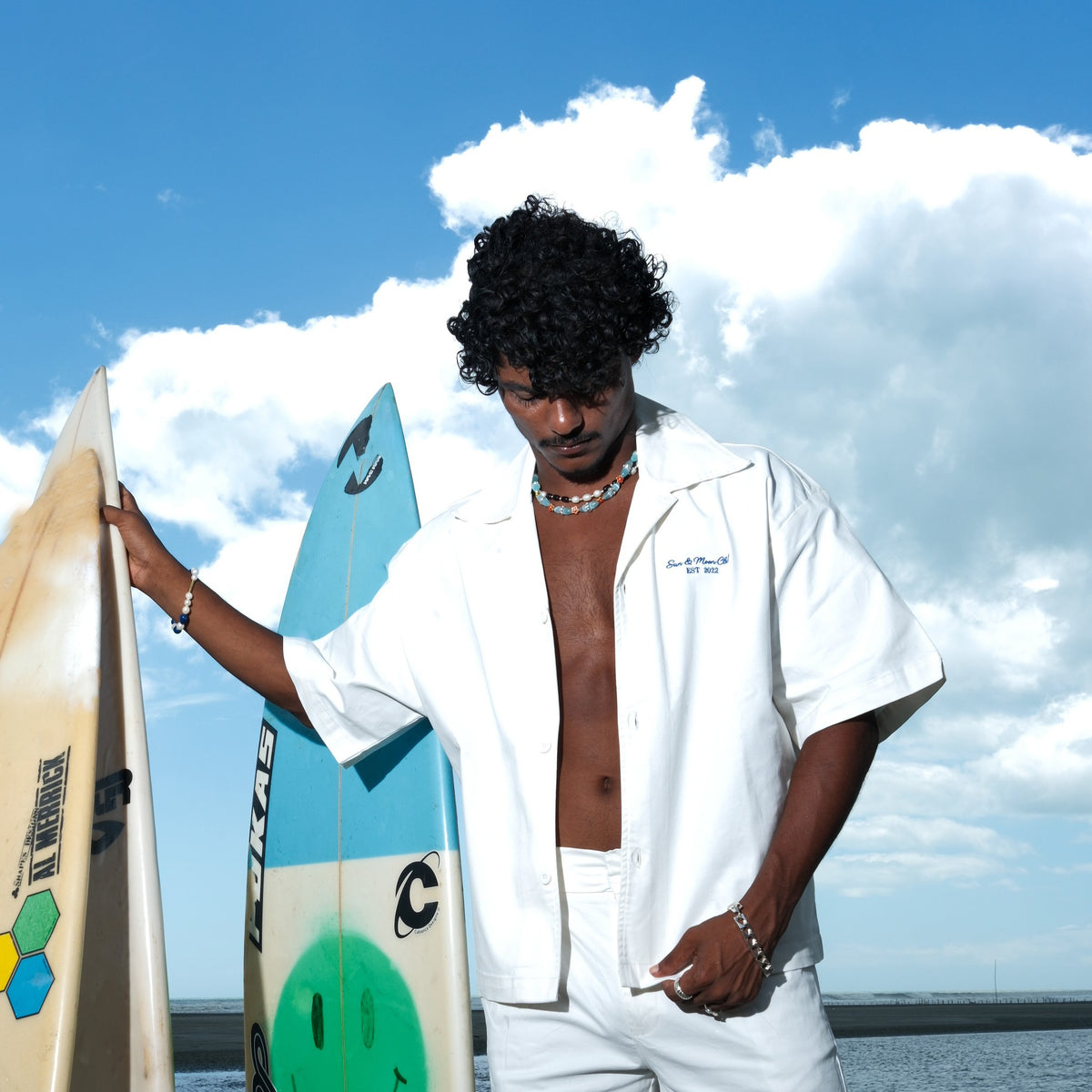 "Club De Sun & Moon" Embroidered Beach Shirt (White)