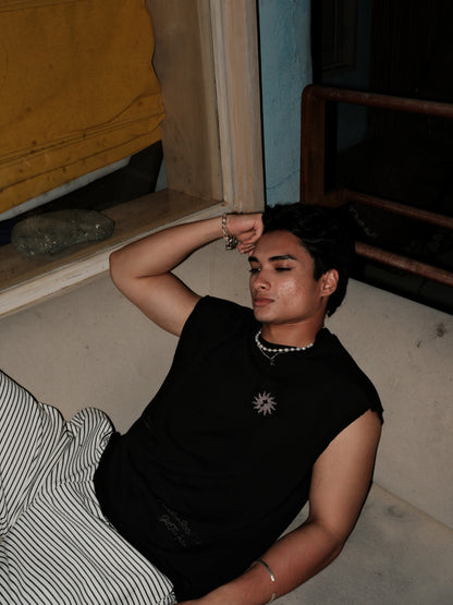 Sun & Moon Embroidered Black Sleeveless Top