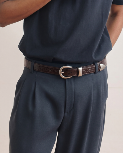 Satin Silver Buckle Belt (Dark Brown)