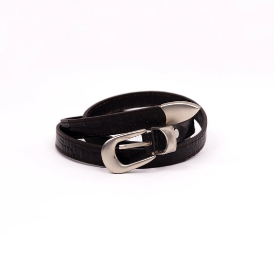 Satin Silver Buckle Belt (Dark Brown)