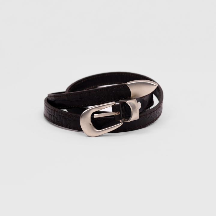 Satin Silver Buckle Belt (Dark Brown)
