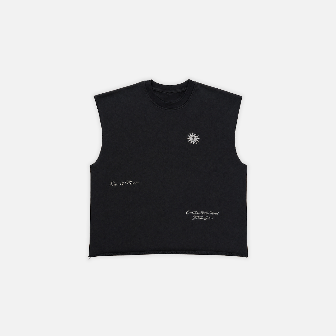 Sun & Moon Embroidered Black Sleeveless Top