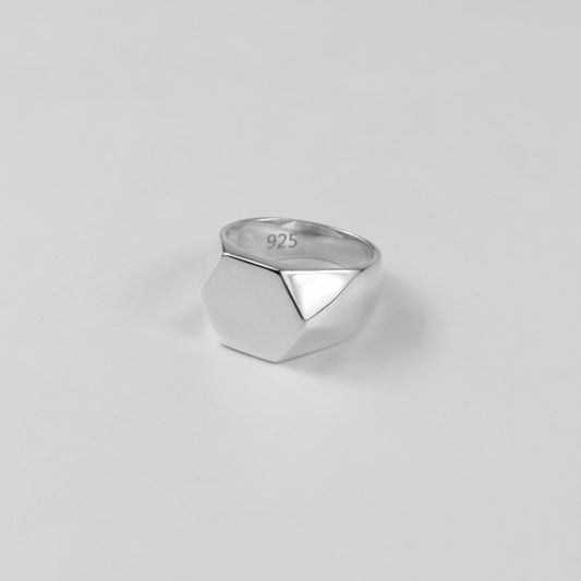 925 sterling silver signet ring featuring a bold hexagonal design, named 'HexaLuxe Signet Ring.