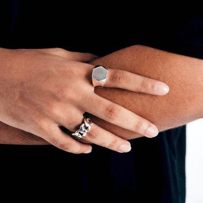 925 sterling silver signet ring featuring a bold hexagonal design, named 'HexaLuxe Signet Ring.