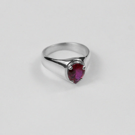 "925 sterling silver ring featuring a bold design with a striking red gemstone, named 'Scarlet Ring.'"