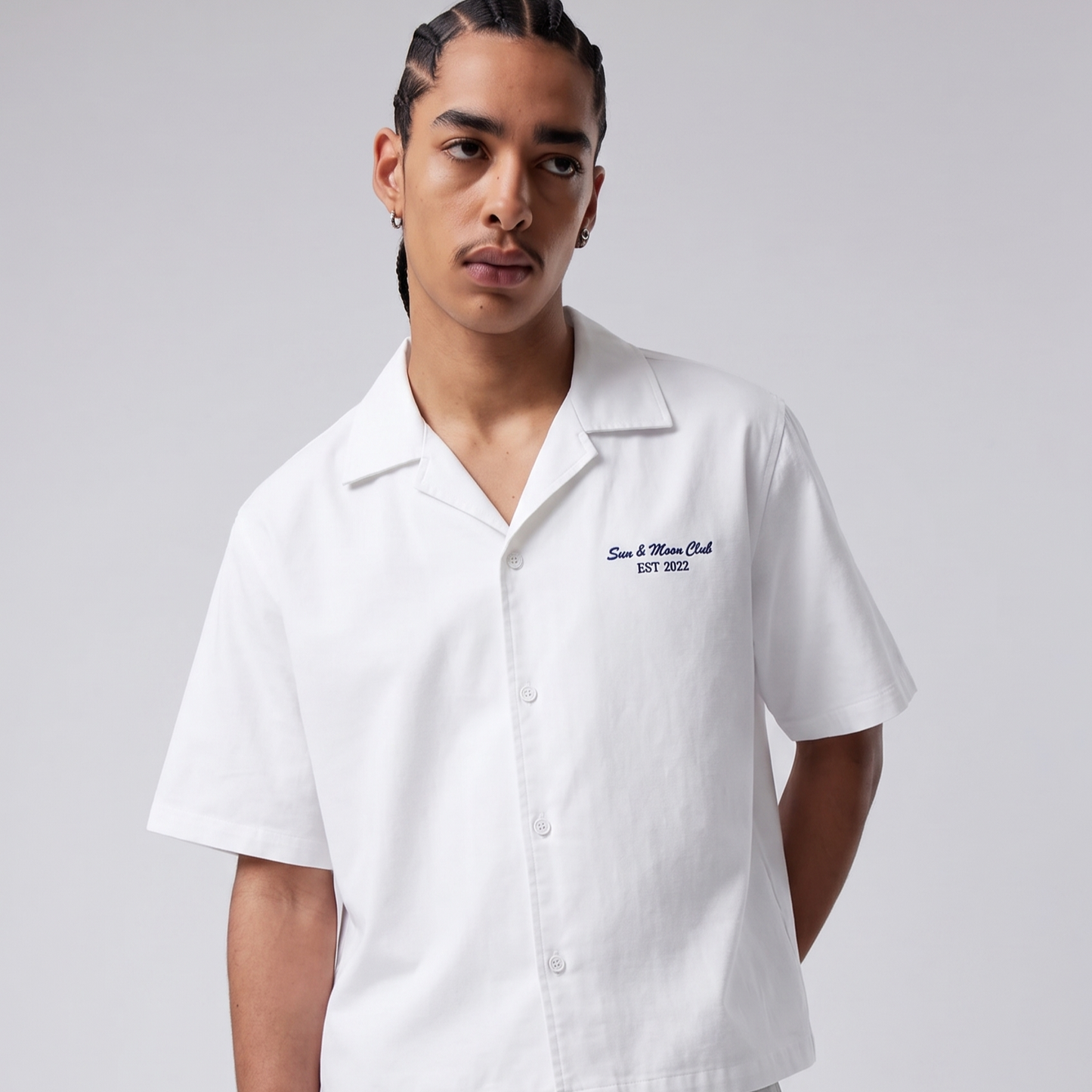 "Club De Sun & Moon" Embroidered Beach Shirt (White)